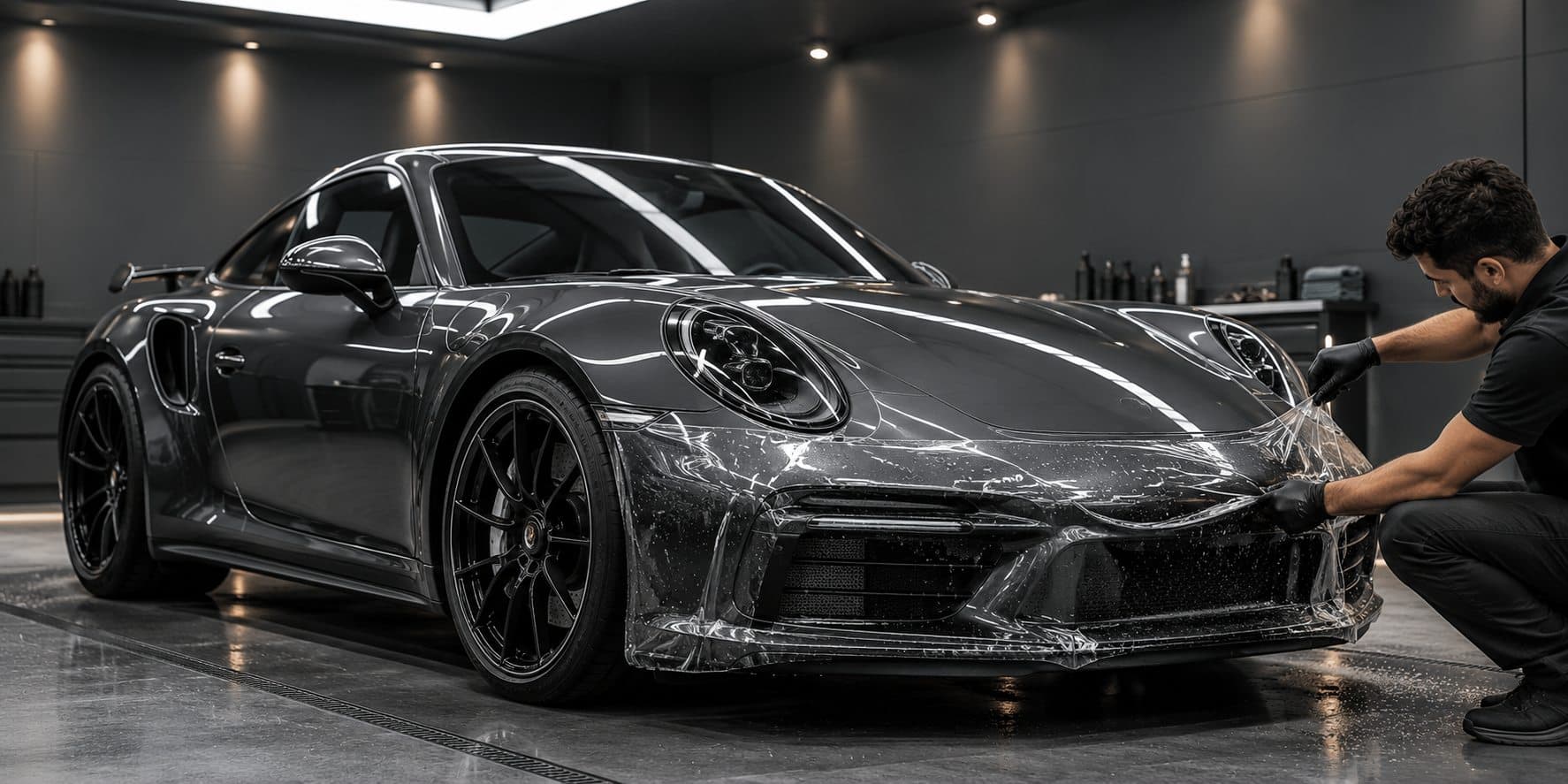 Illustrative image of paint protection film being fitted to a car in a detailing studio