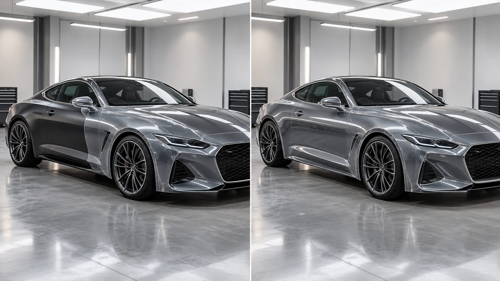 Illustrative side-by-side comparison of front-end and full-body paint protection film coverage